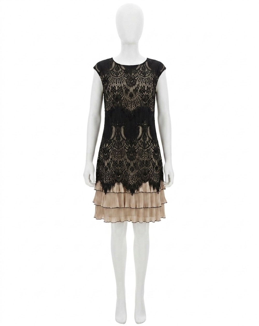 NEW FRANK LYMAN lace overlay knee length dress in black/nude